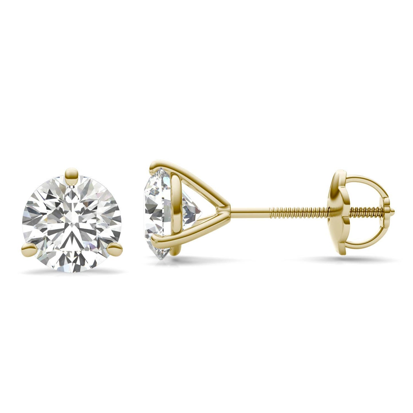 2 CTW Round Caydia Lab Grown Diamond Three Prong Screw-Back Martini Stud Earrings 18K Yellow Gold