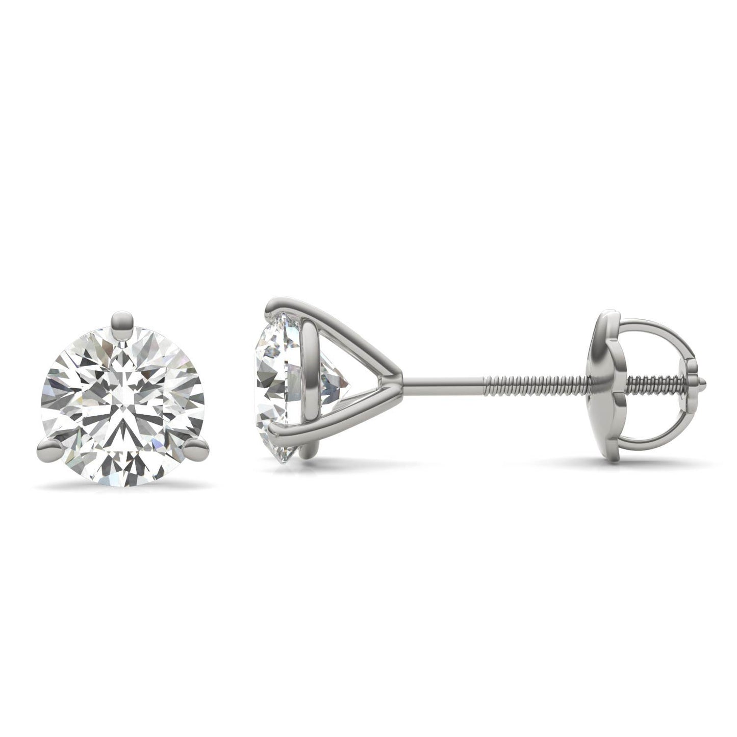 1 1/2 CTW Round Caydia Lab Grown Diamond Three Prong Screw-Back Martini Stud Earrings 14K White Gold