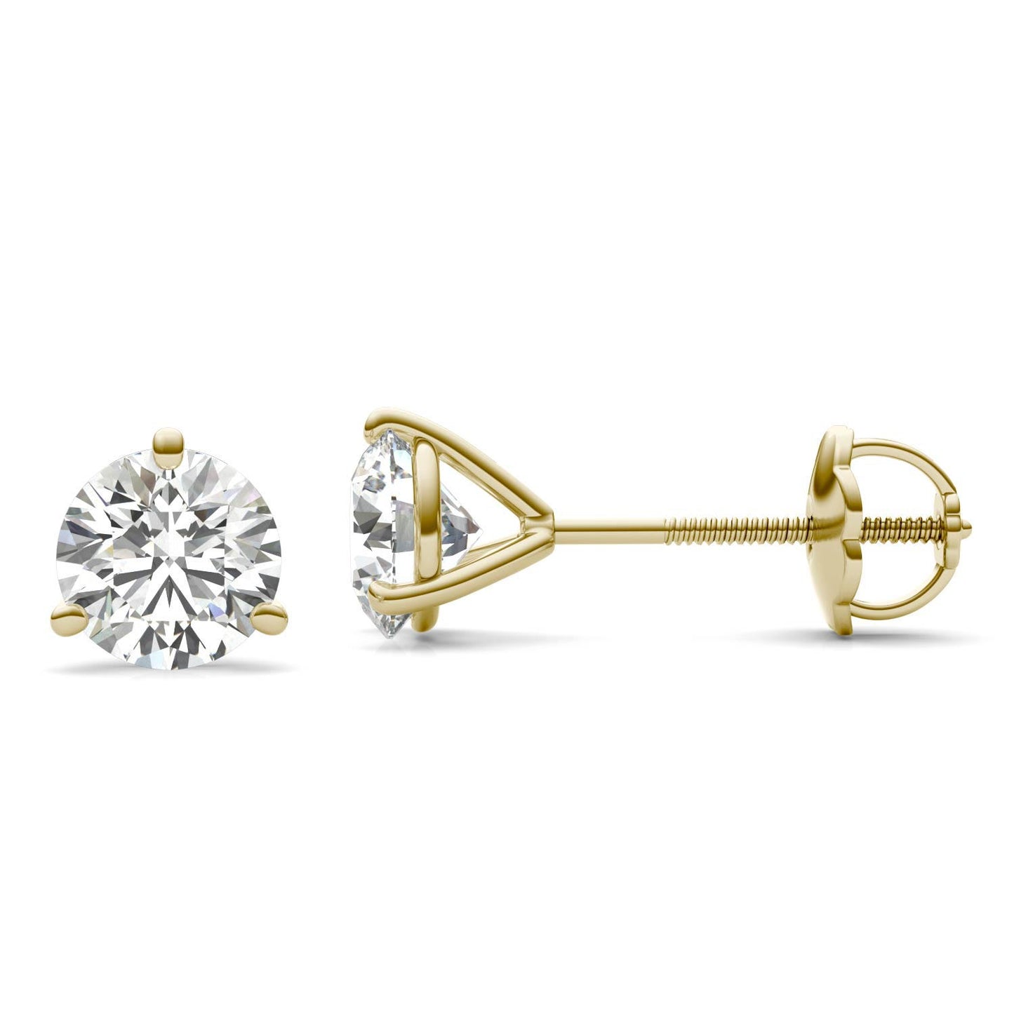 1 1/2 CTW Round Caydia Lab Grown Diamond Three Prong Screw-Back Martini Stud Earrings 14K Yellow Gold