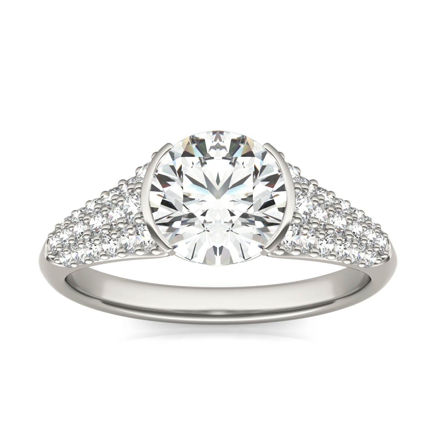 2 CTW Round Caydia Lab Grown Diamond Signature Half Bezel Pave Engagement Ring 18K White Gold