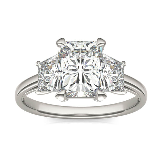 2.96 CTW DEW Radiant Forever One Moissanite Trapezoid Accent Three Stone Ring in 14K White Gold
