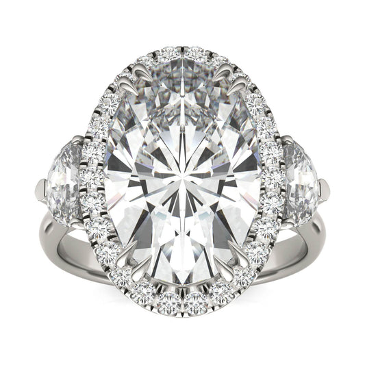 9.84 CTW DEW Elongated Oval Forever One Moissanite Halo with Side Accents Exotic Ring 18K White Gold