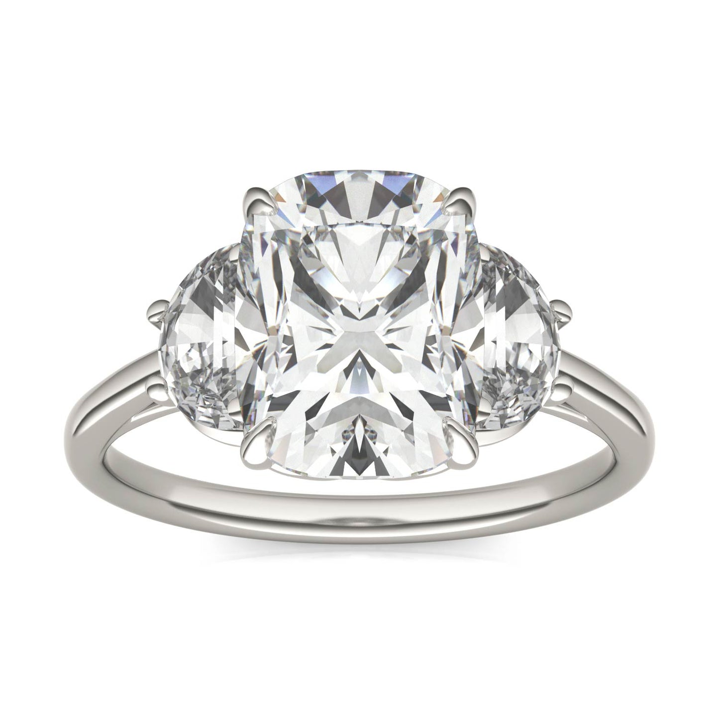 3.96 CTW DEW Elongated Cushion Forever One Moissanite Signature Three Stone Engagement Ring in 14K White Gold