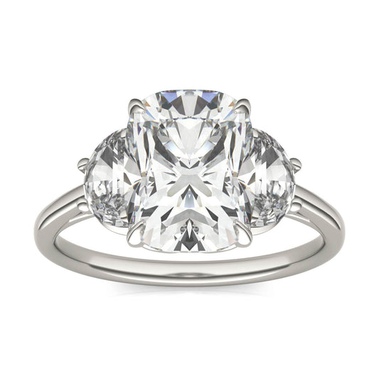 3.96 CTW DEW Elongated Cushion Forever One Moissanite Signature Three Stone Engagement Ring in 14K White Gold
