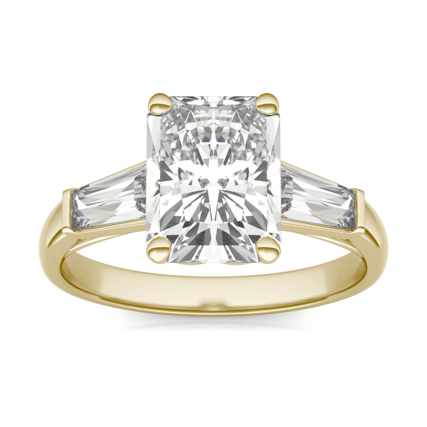 3.30 CTW DEW Radiant Forever One Moissanite Signature Three Stone Engagement Ring in 14K Yellow Gold