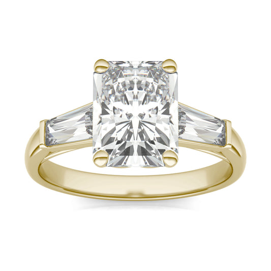 3.30 CTW DEW Radiant Forever One Moissanite Signature Three Stone Engagement Ring in 14K Yellow Gold