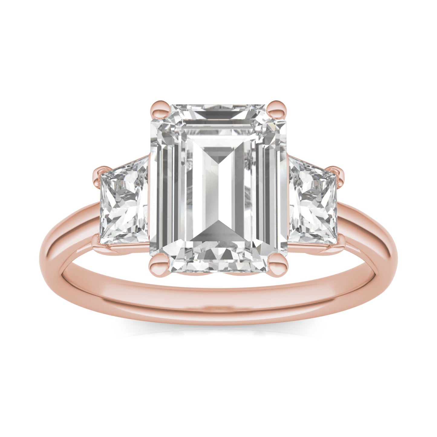 3.53 CTW DEW Emerald Forever One Moissanite Signature Three Stone Engagement Ring in 14K Rose Gold