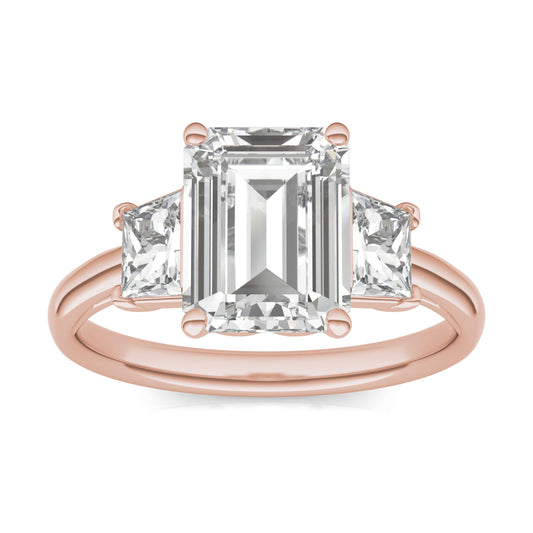 3.53 CTW DEW Emerald Forever One Moissanite Signature Three Stone Engagement Ring in 14K Rose Gold