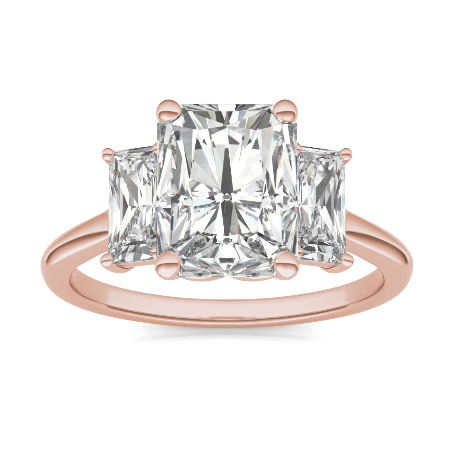 3.56 CTW DEW Radiant Forever One Moissanite Signature Three Stone Engagement Ring in 14K Rose Gold