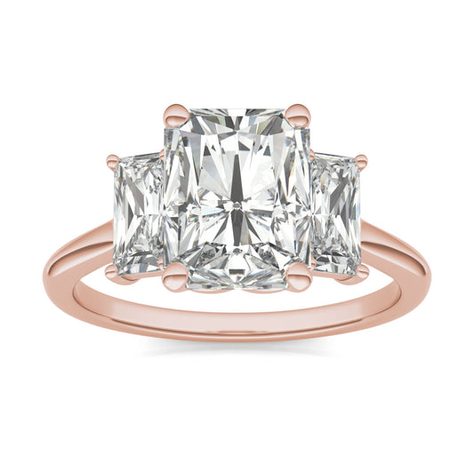 3.56 CTW DEW Radiant Forever One Moissanite Signature Three Stone Engagement Ring in 14K Rose Gold