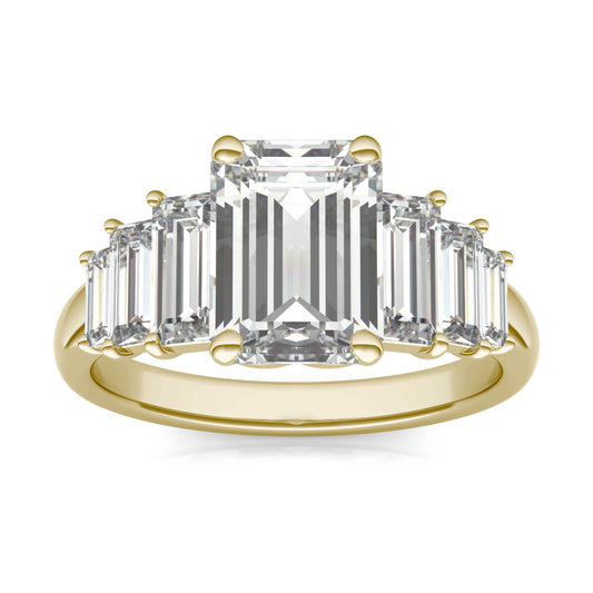 4.07 CTW DEW Emerald Forever One Moissanite Seven Stone Engagement Ring in 14K Yellow Gold