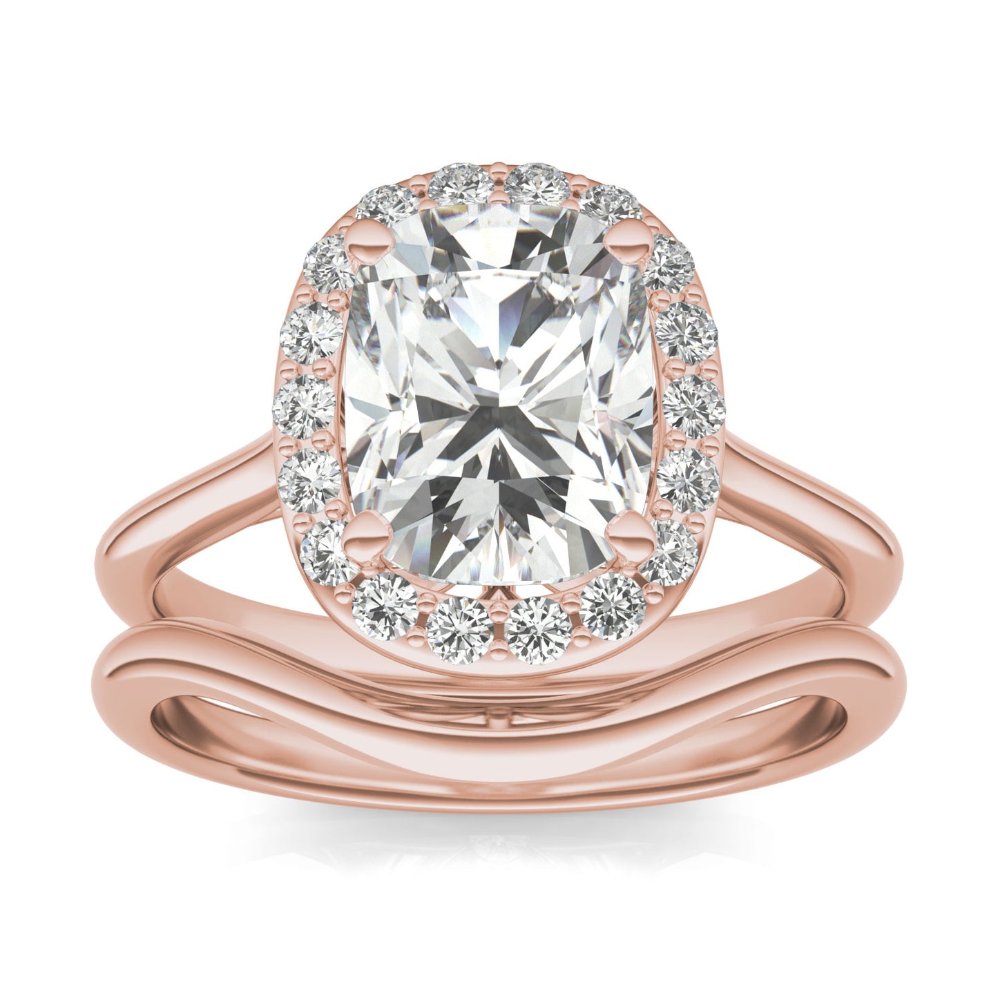 2.60 CTW DEW Elongated Cushion Forever One Moissanite Signature Halo Wedding Set in 14K Rose Gold