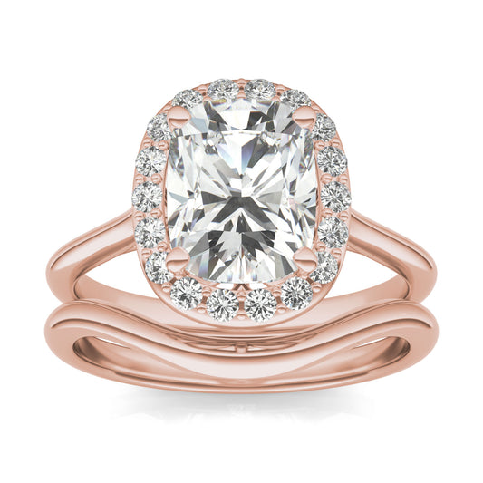 2.60 CTW DEW Elongated Cushion Forever One Moissanite Signature Halo Wedding Set in 14K Rose Gold