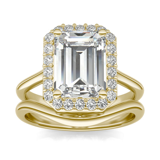 3.96 CTW DEW Emerald Forever One Moissanite Signature Halo Wedding Set in 14K Yellow Gold