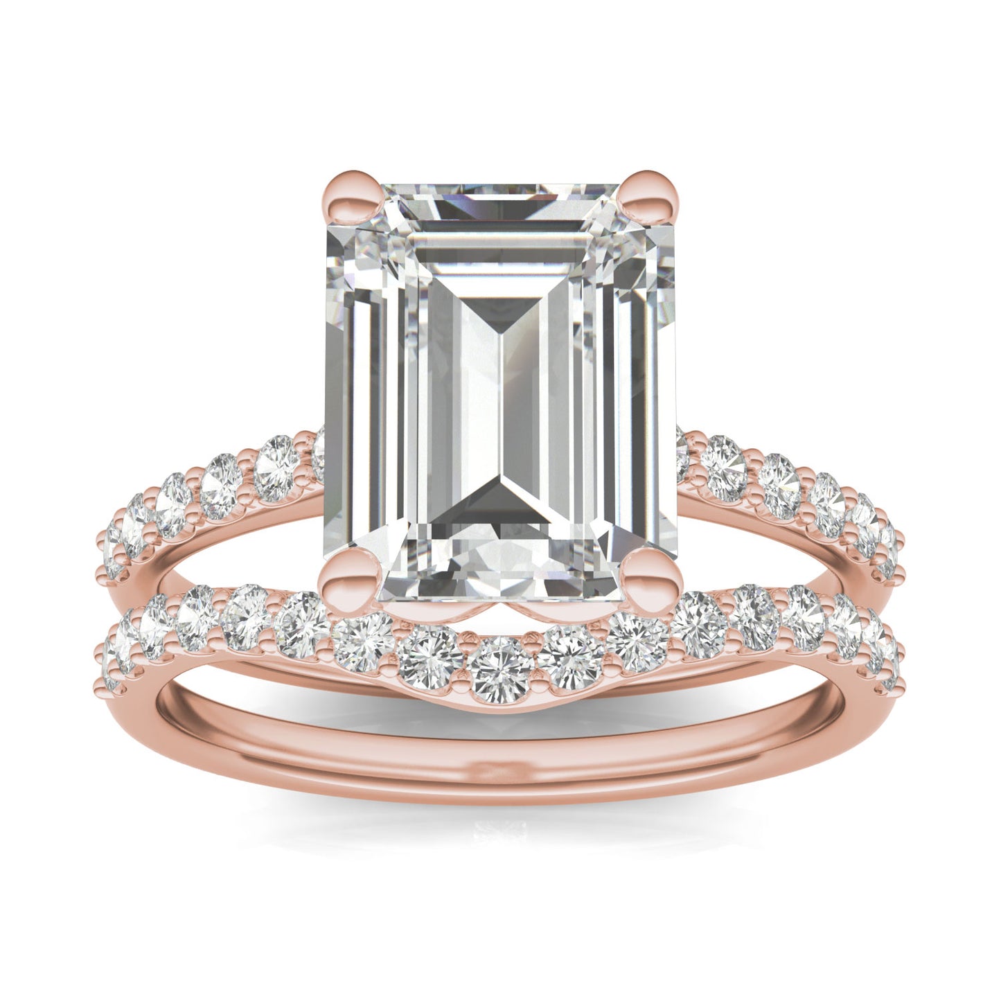 4.15 CTW DEW Emerald Forever One Moissanite Signature Solitaire with Side Accents Wedding Set in 14K Rose Gold