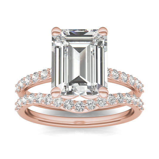 4.15 CTW DEW Emerald Forever One Moissanite Signature Solitaire with Side Accents Wedding Set in 14K Rose Gold