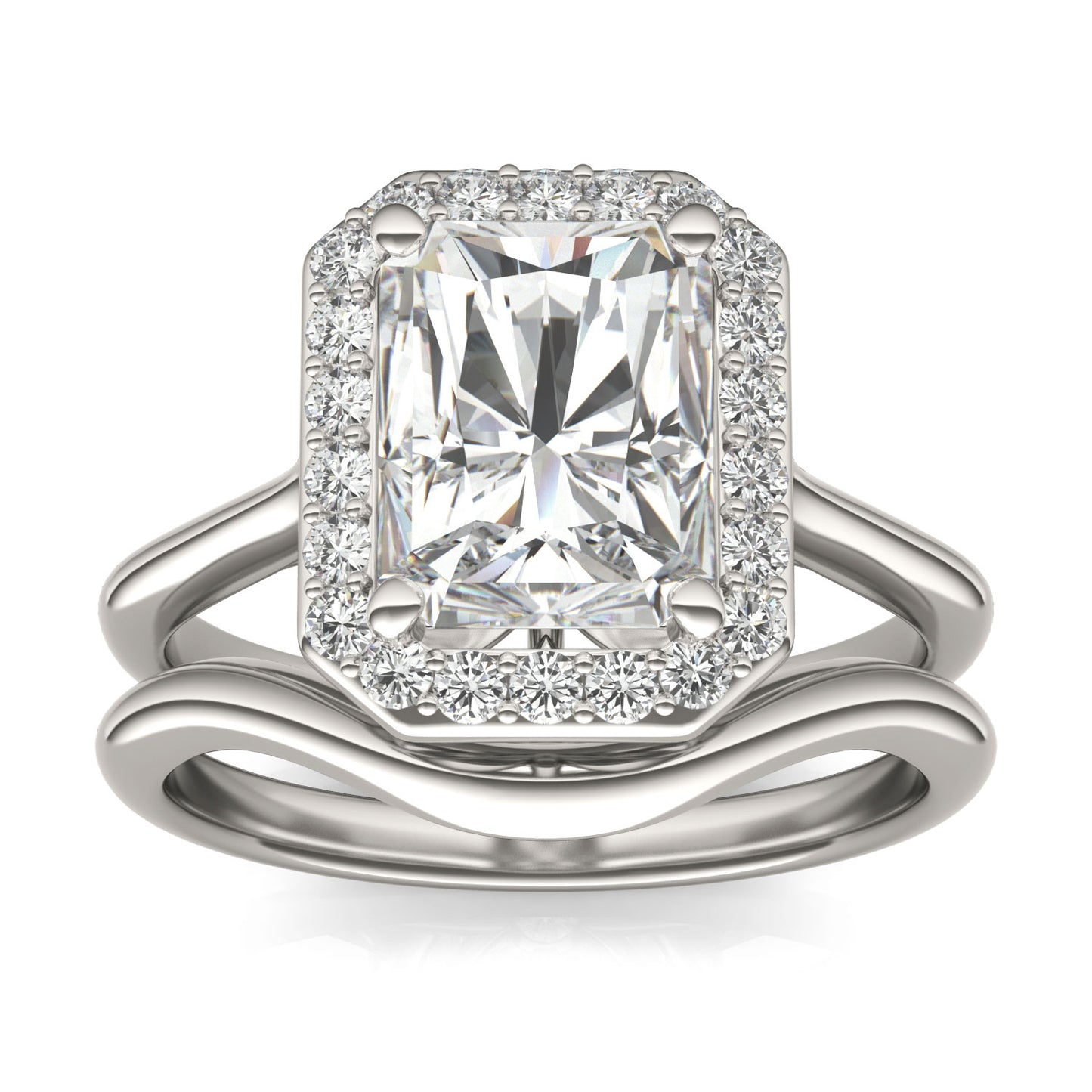 3.06 CTW DEW Radiant Forever One Moissanite Signature Halo Wedding Set in 14K White Gold