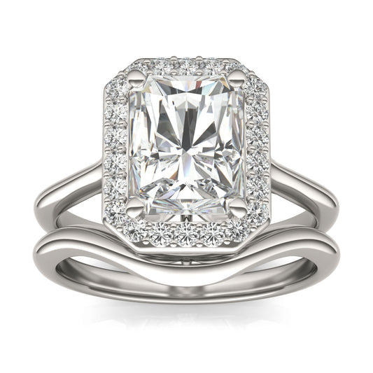 3.06 CTW DEW Radiant Forever One Moissanite Signature Halo Wedding Set in 14K White Gold