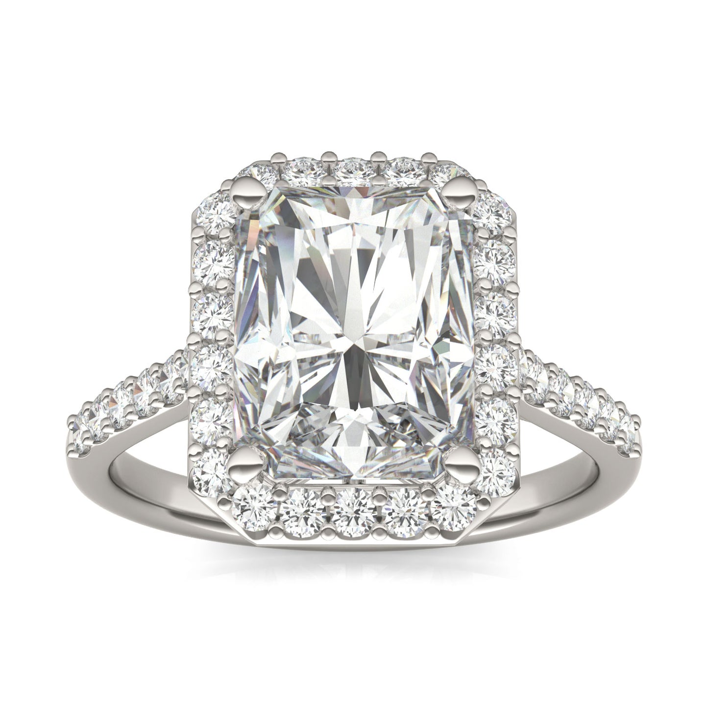 4.52 CTW DEW Radiant Forever One Moissanite Signature Halo with Side Accents Engagement Ring in 14K White Gold