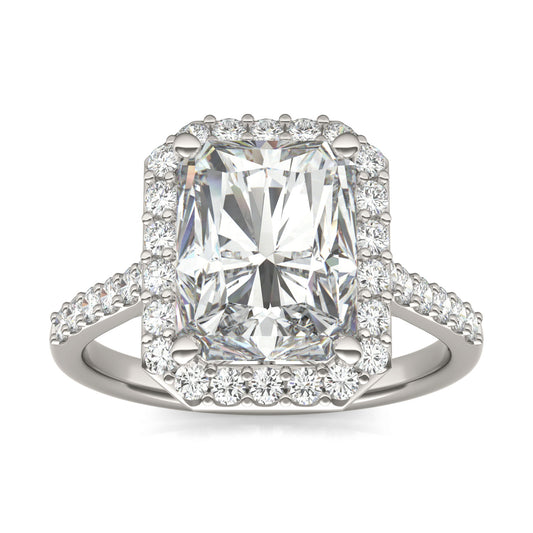 4.52 CTW DEW Radiant Forever One Moissanite Signature Halo with Side Accents Engagement Ring in 14K White Gold