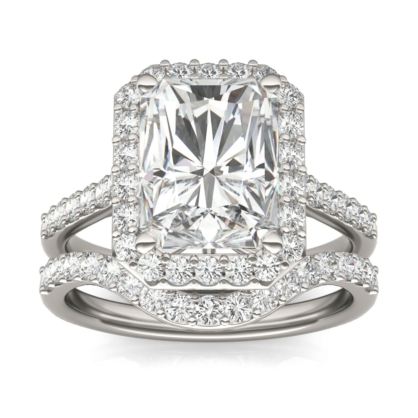 4.82 CTW DEW Radiant Forever One Moissanite Signature Halo with Side Accents Wedding Set in 14K White Gold