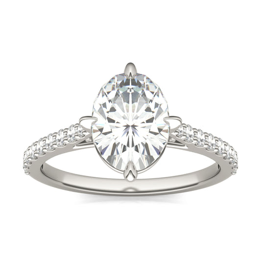 2.36 CTW DEW Oval Forever One Moissanite Compass Prong Engagement Ring 14K White Gold