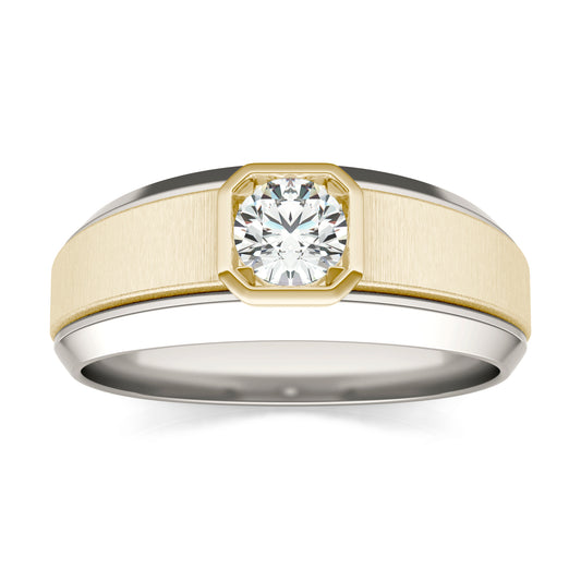 1/2 CTW Round Caydia Lab Grown Diamond Signature Beveled Edge Solitaire Mens Ring 14K Two-Tone White & Yellow Gold