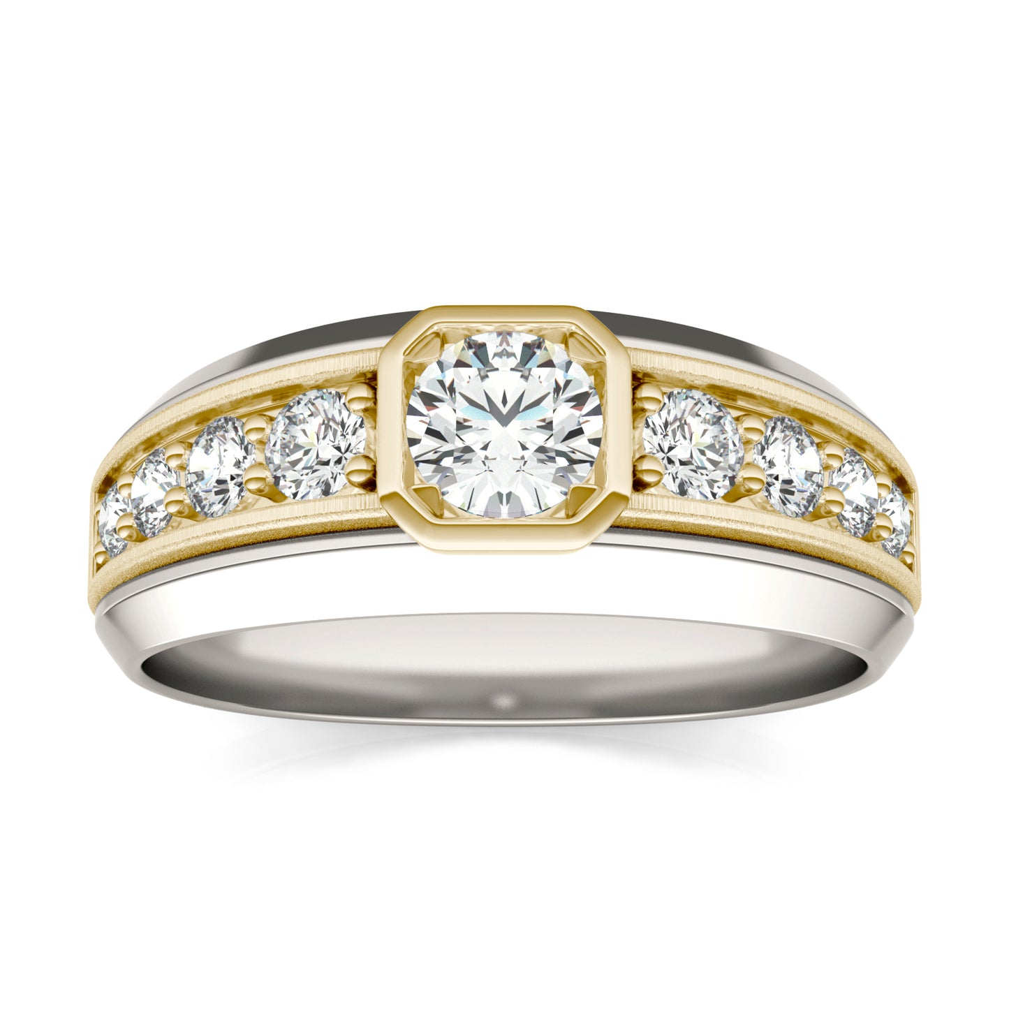 1 CTW Round Caydia Lab Grown Diamond Signature Side Accent Mens Ring 14K Two-Tone White & Yellow Gold