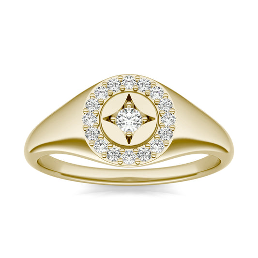 1/5 CTW Round Caydia Lab Grown Diamond Signature Star Halo Signet Ring 14K Yellow Gold