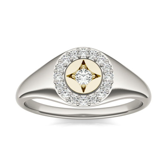 1/5 CTW Round Caydia Lab Grown Diamond Signature Star Halo Signet Ring 14K Two-Tone White & Yellow Gold