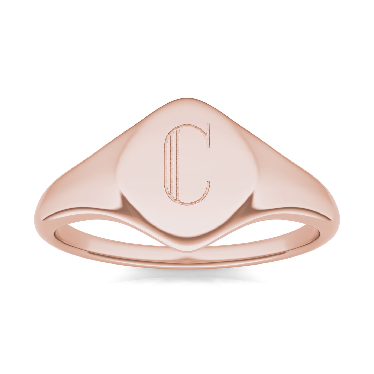 Round Caydia Lab Grown Diamond Signature Cushion Initial Signet Ring 14K Rose Gold, SIZE 7.0 Stone Color F