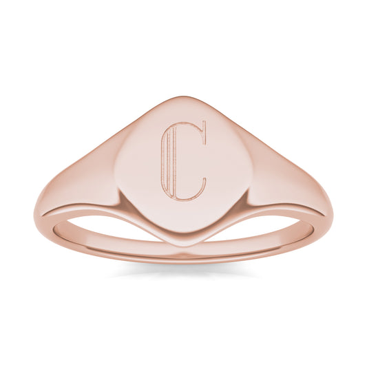 Round Caydia Lab Grown Diamond Signature Cushion Initial Signet Ring 14K Rose Gold, SIZE 7.0 Stone Color F