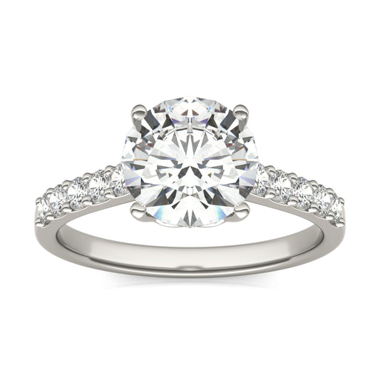 2.23 CTW DEW Round Forever One Moissanite Signature Side Stone Engagement Ring 14K White Gold