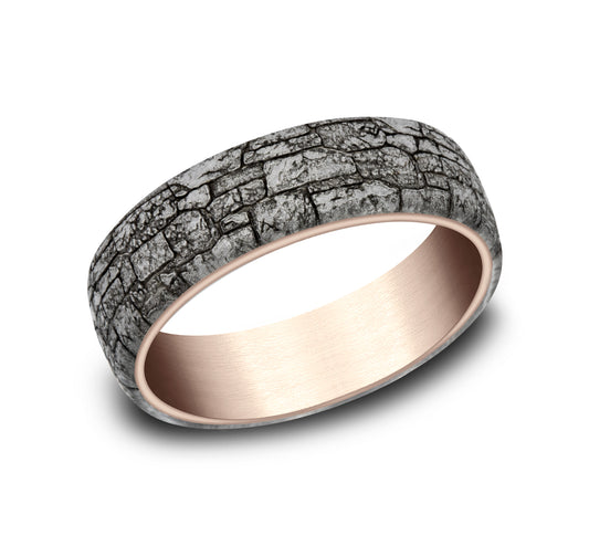 6.5mm Stone Patterned Mens Band in Two-Tone Grey Tantalum and 14K Rose Gold