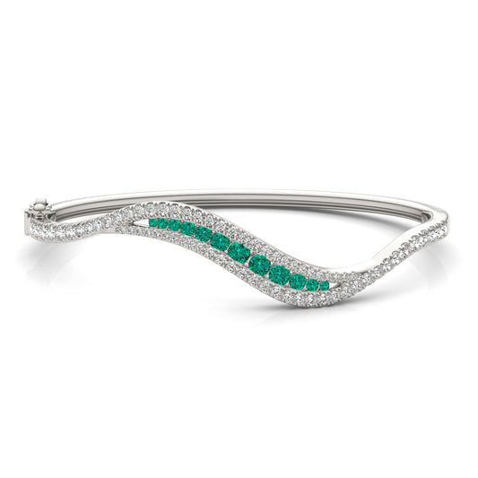 7/8 CTW Round Caydia Lab Grown Diamond Curved Bangle Bracelet 14K White Gold featuring Created Emerald