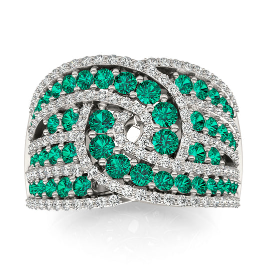 2/3 CTW Round Caydia Lab Grown Diamond Statement Crossover Ring 14K White Gold featuring Created Emerald
