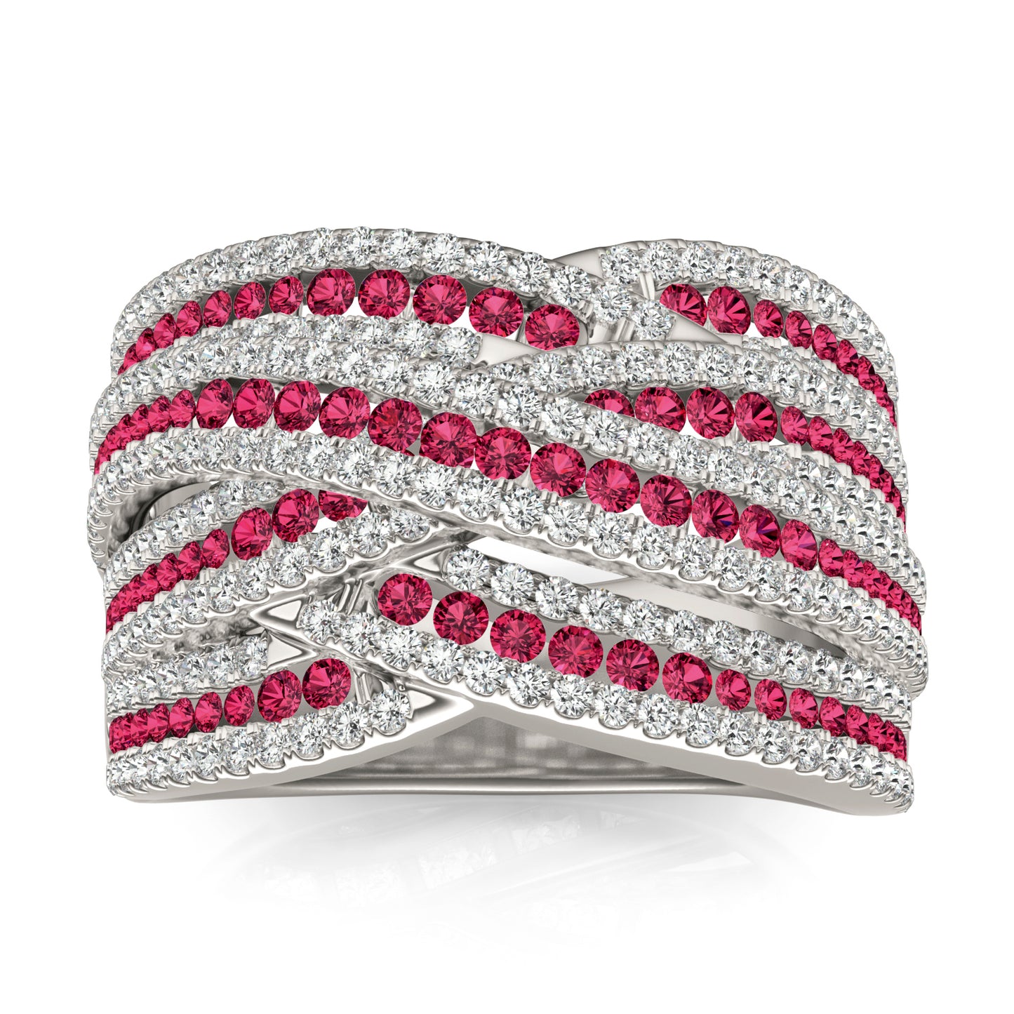 1 CTW Round Caydia Lab Grown Diamond Crossover Ring 14K White Gold featuring Created Ruby