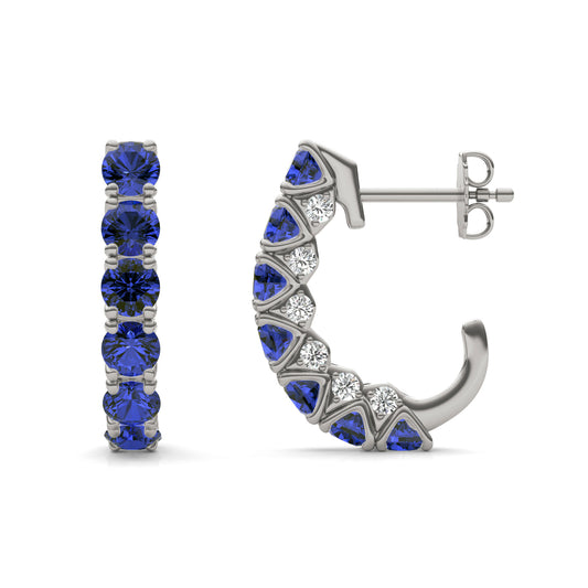 1/3 CTW Round Caydia Lab Grown Diamond J-Hoop Earrings 14K White Gold featuring Created Sapphire