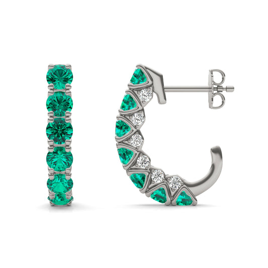 1/3 CTW Round Caydia Lab Grown Diamond J-Hoop Earrings 14K White Gold featuring Created Emerald