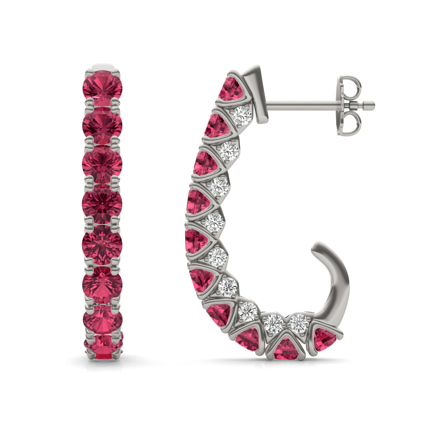 1/2 CTW Round Caydia Lab Grown Diamond J-Hoop Earrings 14K White Gold featuring Created Ruby