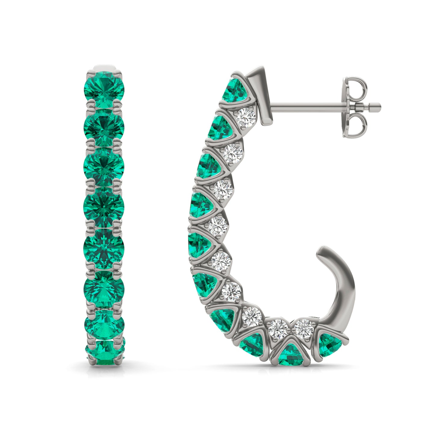 1/2 CTW Round Caydia Lab Grown Diamond J-Hoop Earrings 14K White Gold featuring Created Emerald