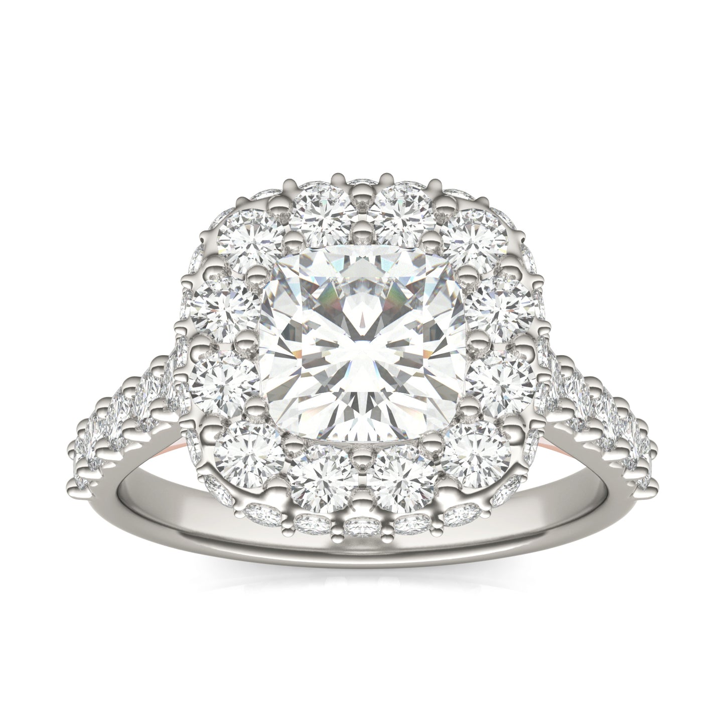 3.00 CTW DEW Cushion Forever One Moissanite Cathedral Double Halo Engagement Ring 14K Two-Tone White & Rose Gold