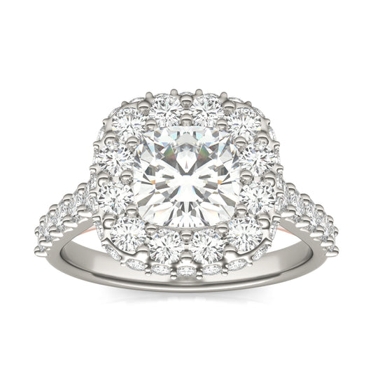 3.00 CTW DEW Cushion Forever One Moissanite Cathedral Double Halo Engagement Ring 14K Two-Tone White & Rose Gold