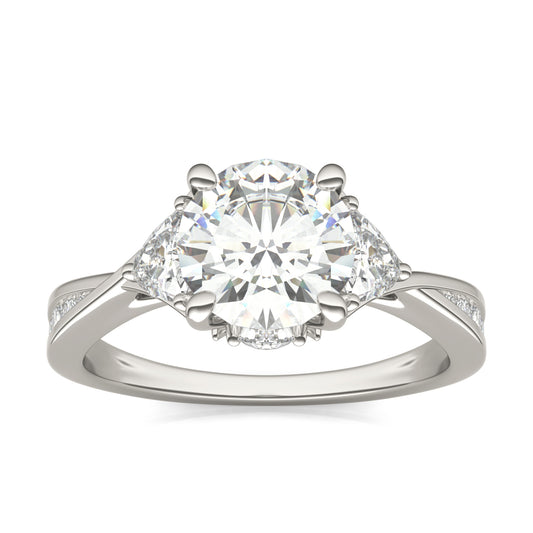 2.15 CTW DEW Round Forever One Moissanite Three Stone Accented Engagement Ring 14K White Gold