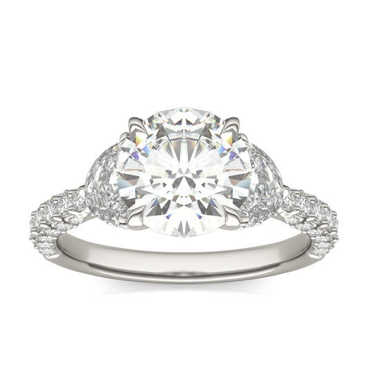 3.55 CTW DEW Round Forever One Moissanite Three Stone Pave Engagement Ring 14K White Gold