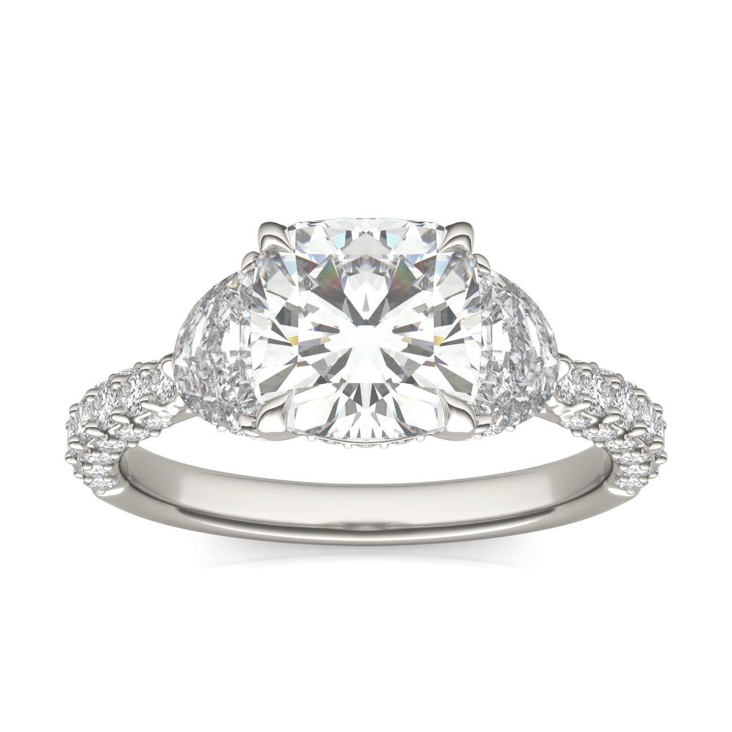 3.35 CTW DEW Cushion Forever One Moissanite Three Stone Pave Engagement Ring 14K White Gold