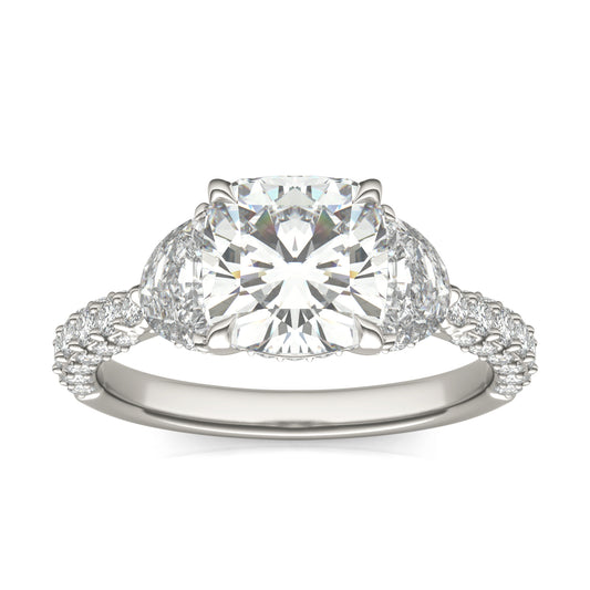 3.35 CTW DEW Cushion Forever One Moissanite Three Stone Pave Engagement Ring 14K White Gold
