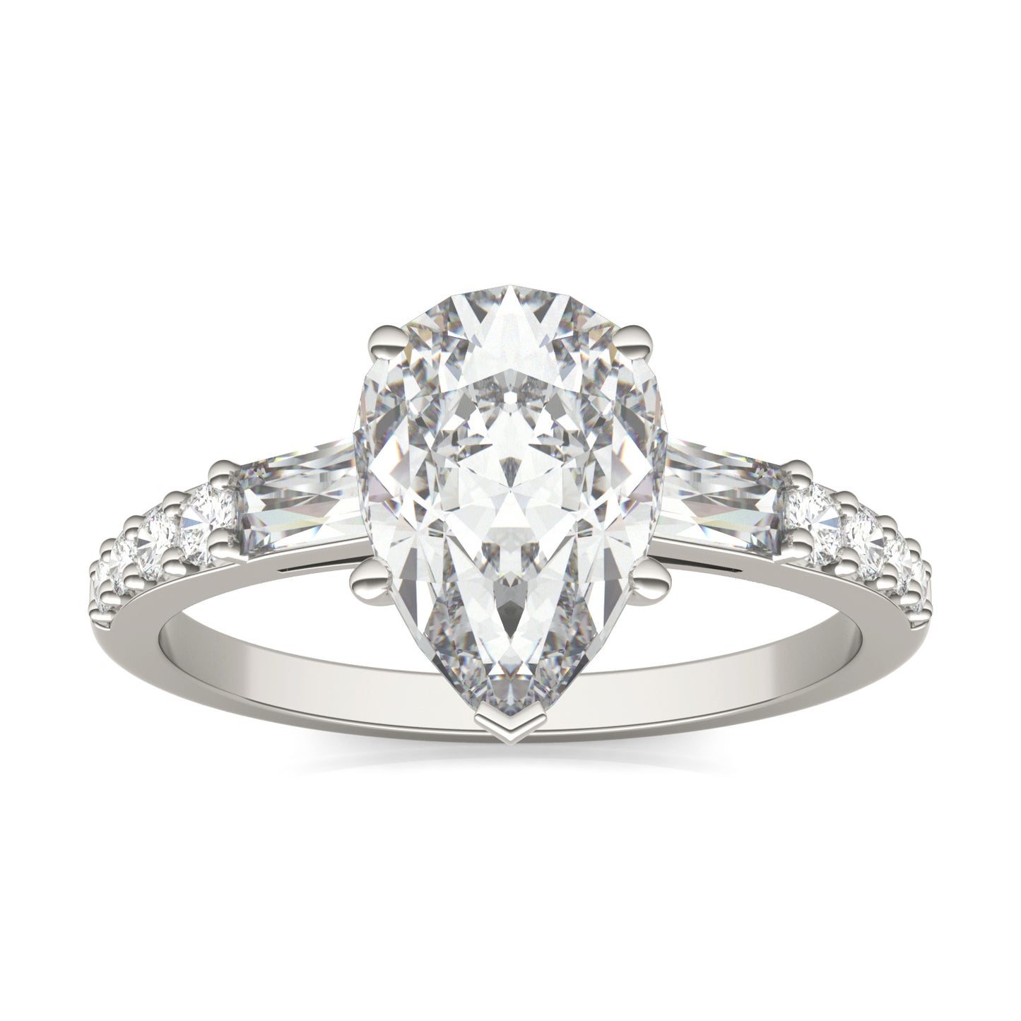 2.61 CTW DEW Pear Forever One Moissanite Three Stone with Side Accents Engagement Ring 14K White Gold
