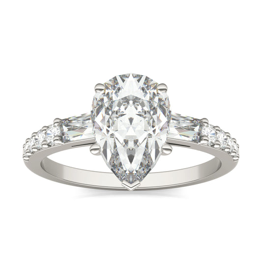 2.61 CTW DEW Pear Forever One Moissanite Three Stone with Side Accents Engagement Ring 14K White Gold