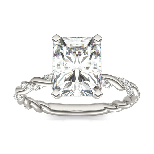 2.89 CTW DEW Radiant Forever One Moissanite Solitaire with Twist Side Accents Engagement Ring 14K White Gold